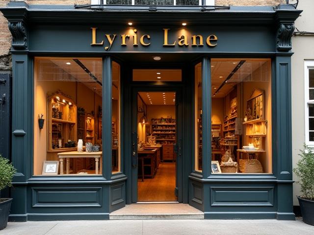 Exterior view of Lyric Lane storefront with elegant display, and a glimpse into a wood-working workshop.