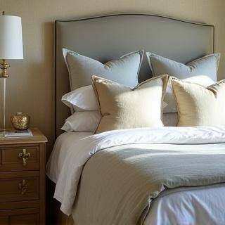 Elegant custom-designed bed with upholstered headboard and bespoke linen in a serene bedroom